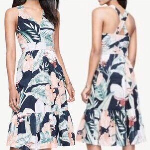 Ann Taylor Island Floral Print Cross Back Sleeveless Midi Dress Size 14